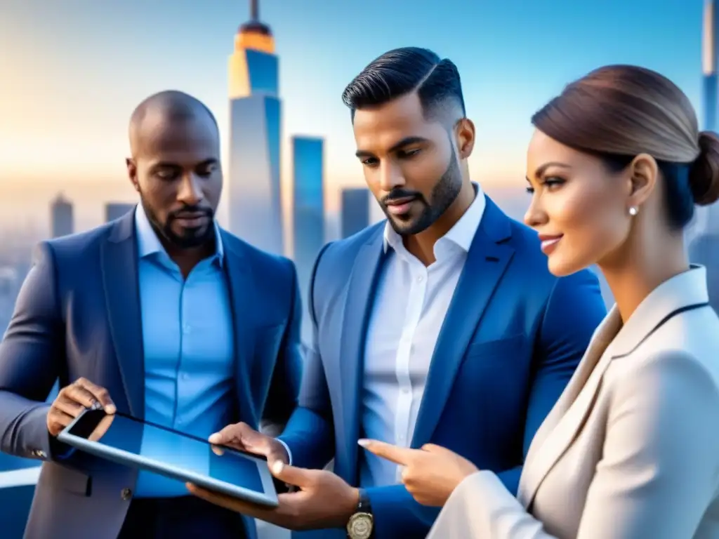 Inversión inmobiliaria innovadora: expertos analizan crowdfunding Profesionales analizan inversión en crowdfunding inmobiliario en escena moderna y futurista