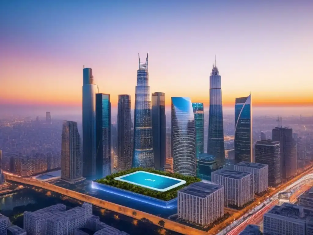 Innovación en Crowdfunding Inmobiliario: Ciudad Futurista al Atardecer Profesionales del crowdfunding inmobiliario 2021 debaten frente a impresionante skyline urbano al atardecer