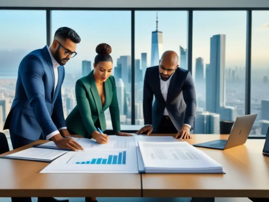 Profesionales multiculturales en oficina moderna con documentos y planos Profesionales de diversas culturas colaboran en una oficina moderna con vista a una ciudad emergente