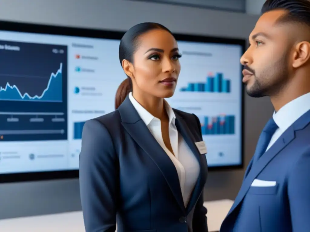 Profesionales en oficina moderna discuten cumplimiento normativo Profesionales discutiendo cumplimiento regulatorio préstamos inmobiliarios en oficina moderna