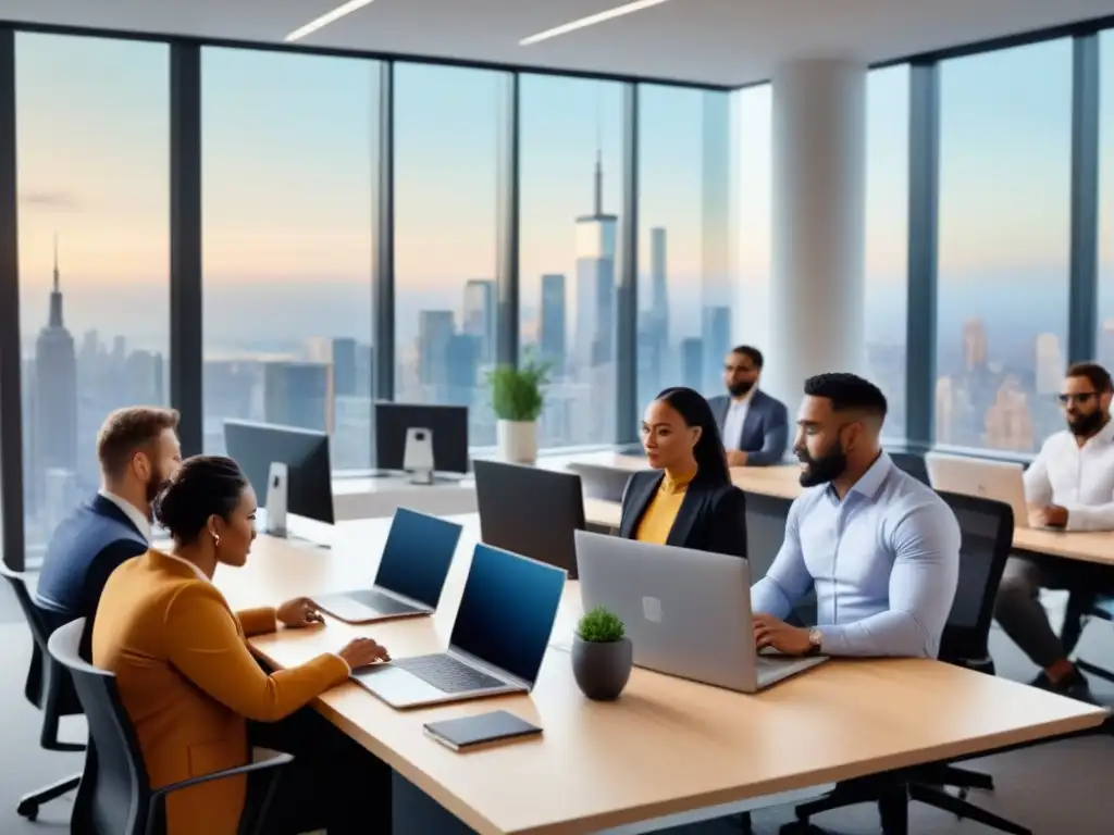 Profesionales aprendiendo en entorno moderno: presencial y online Profesionales en curso online vs presencial financiamiento inmobiliario en oficina moderna con vista urbana