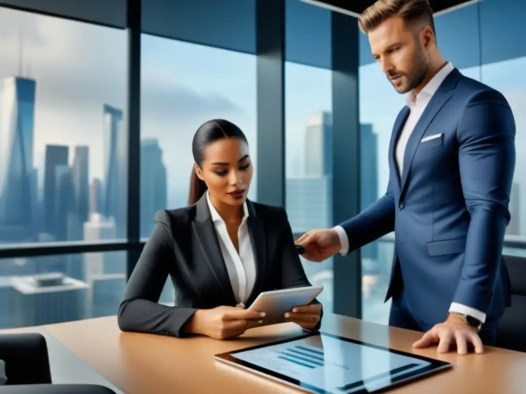 Profesionales analizan datos financieros en tablet digital Profesionales analizan datos financieros en oficina moderna