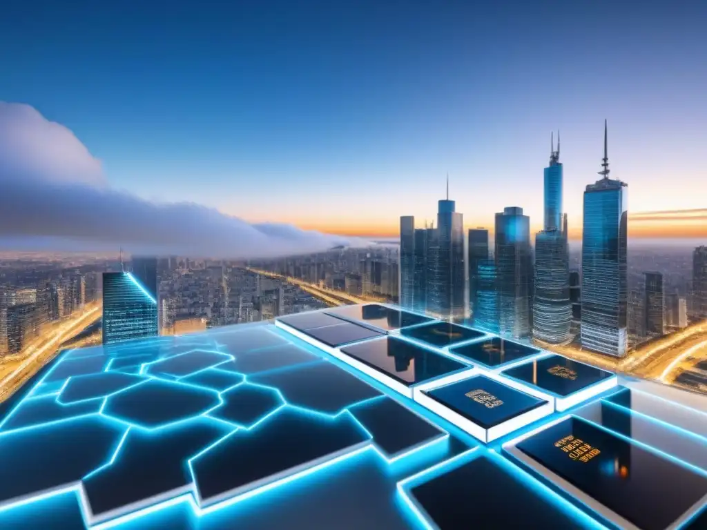 Profesionales analizan datos de transacciones inmobiliarias en una ciudad futurista con tecnología Blockchain en Financiamiento Inmobiliario