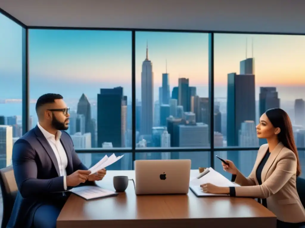 Profesionales discuten gestión de deuda inmobiliaria Profesionales debaten gestión de deudas inmobiliarias en moderna oficina con vista a la ciudad