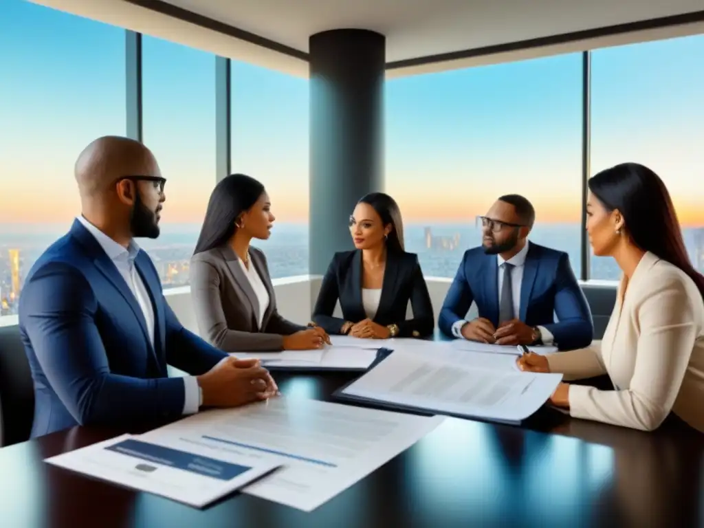 Reunión de profesionales para reestructuración de deudas en bienes raíces Profesionales discutiendo reestructuración de deudas inmobiliarias en una oficina moderna con vista a la ciudad