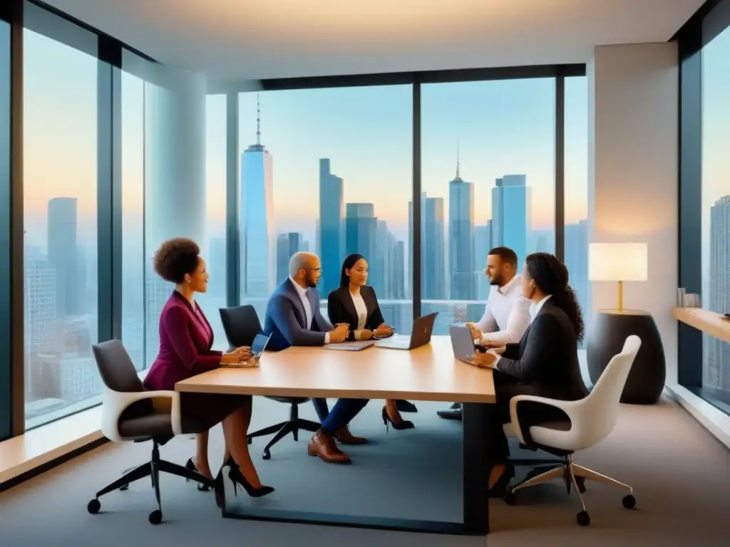 Profesionales colaborando en oficina moderna de real estate Profesionales colaborando en reestructuración de deudas inmobiliarias en oficina moderna