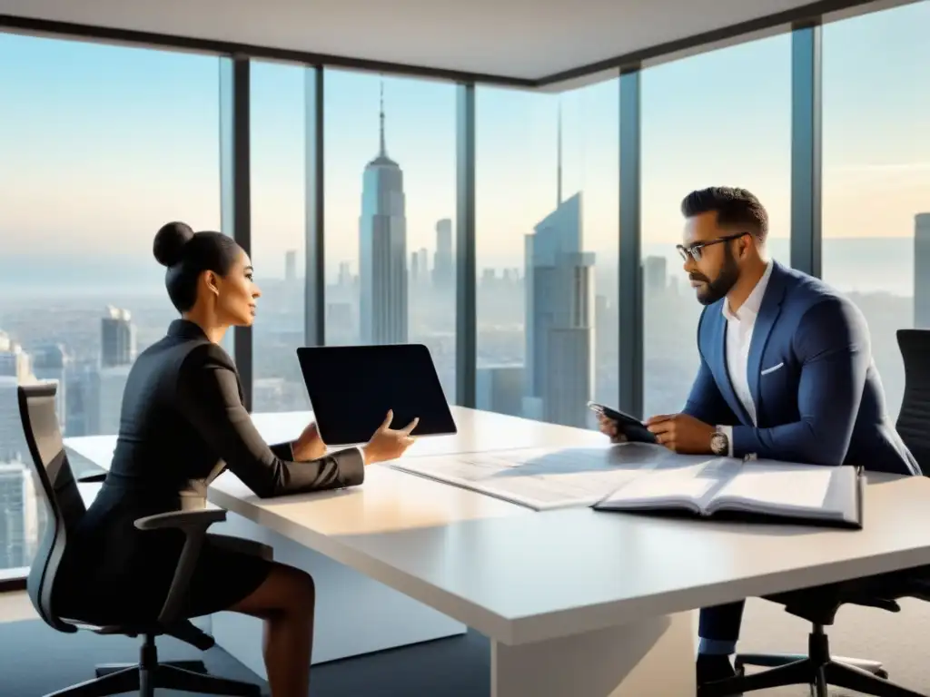 Profesionales resolviendo discrepancias inmobiliarias en oficina moderna Profesionales resolviendo discrepancias en tasaciones inmobiliarias en una oficina moderna con vista a la ciudad