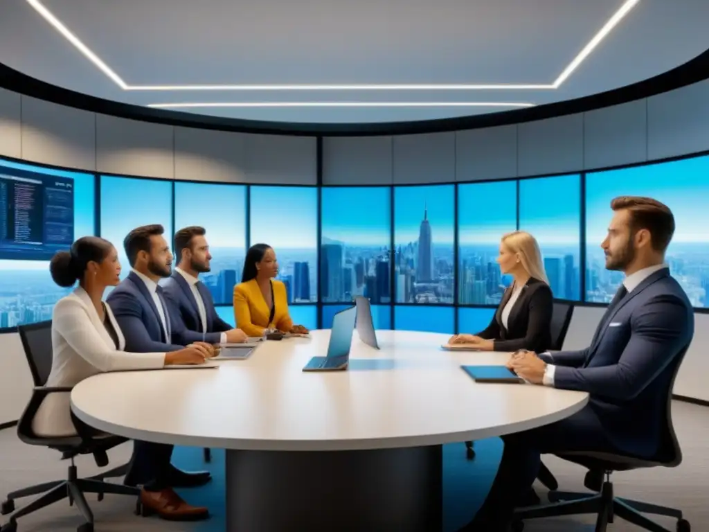 Profesionales en reunión: oficina inmobiliaria de vanguardia Profesionales en discusión colaborativa en elegante oficina inmobiliaria