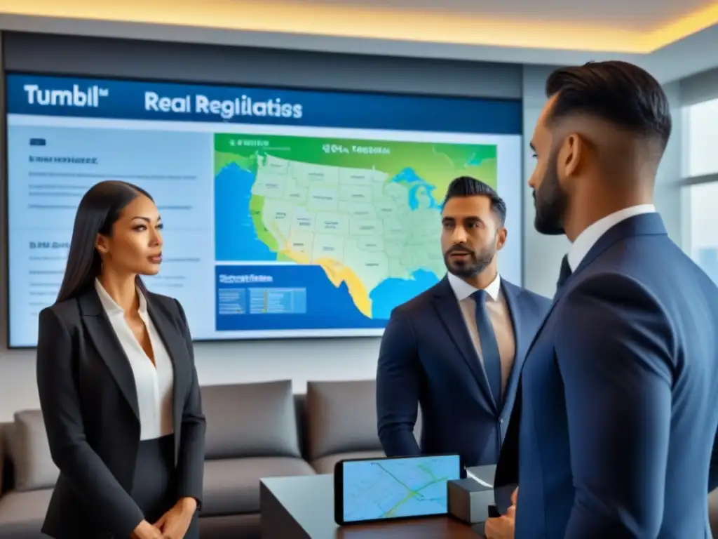 Profesionales analizan tendencias inmobiliarias en mapa digital interactivo Profesionales en discusión estratégica sobre regulaciones inmobiliarias por región