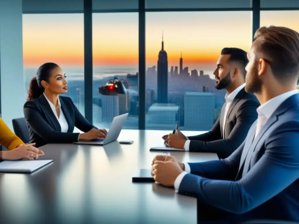 Profesionales diversidad cultural maximizan rendimientos inversión inmobiliaria en moderna sala reuniones con vista panorámica ciudad