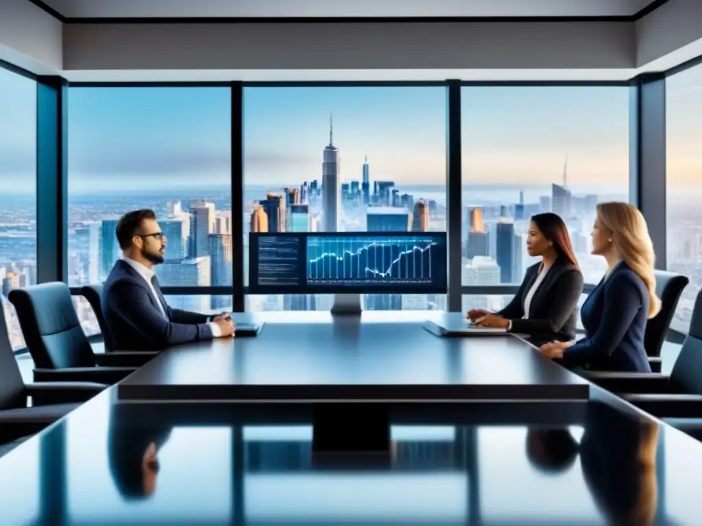 Profesionales debaten REITs en sala de reuniones futurista Profesionales diversificados discuten aspectos legales y fiscales de REITs comerciales en una sala futurista, con una vista de la ciudad en el fondo
