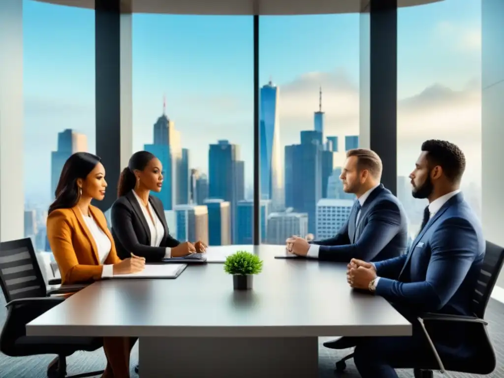 Profesionales discuten documentos legales en sala de juntas moderna Profesionales diversificados discuten aspectos legales de sindicación inmobiliaria en moderna sala de reuniones con vista urbana