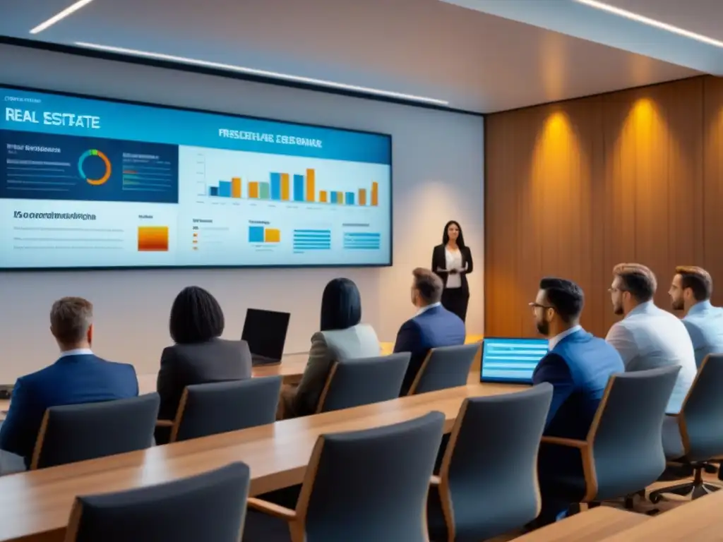 Profesionales atentos: seminario sobre financiamiento inmobiliario Profesionales diversificados escuchan atentos en seminario moderno sobre Políticas financiamiento inmobiliario actualizadas