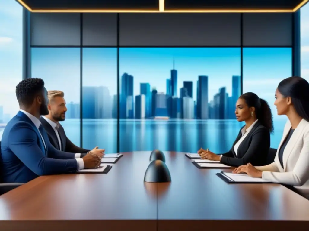 Profesionales debatiendo beneficios fiscales en boardroom ultradetallado Profesionales diversificados discuten beneficios fiscales en sala de juntas moderna