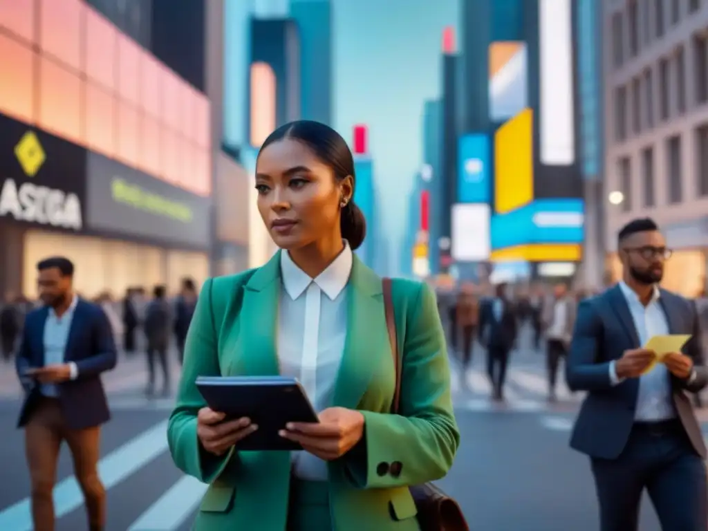 Escena urbana futurista: profesionales divers@s preparándose para cambios en regulaciones locales en 2023 Profesionales diversificados en la ciudad moderna, preparándose para normativa local cambios 2023