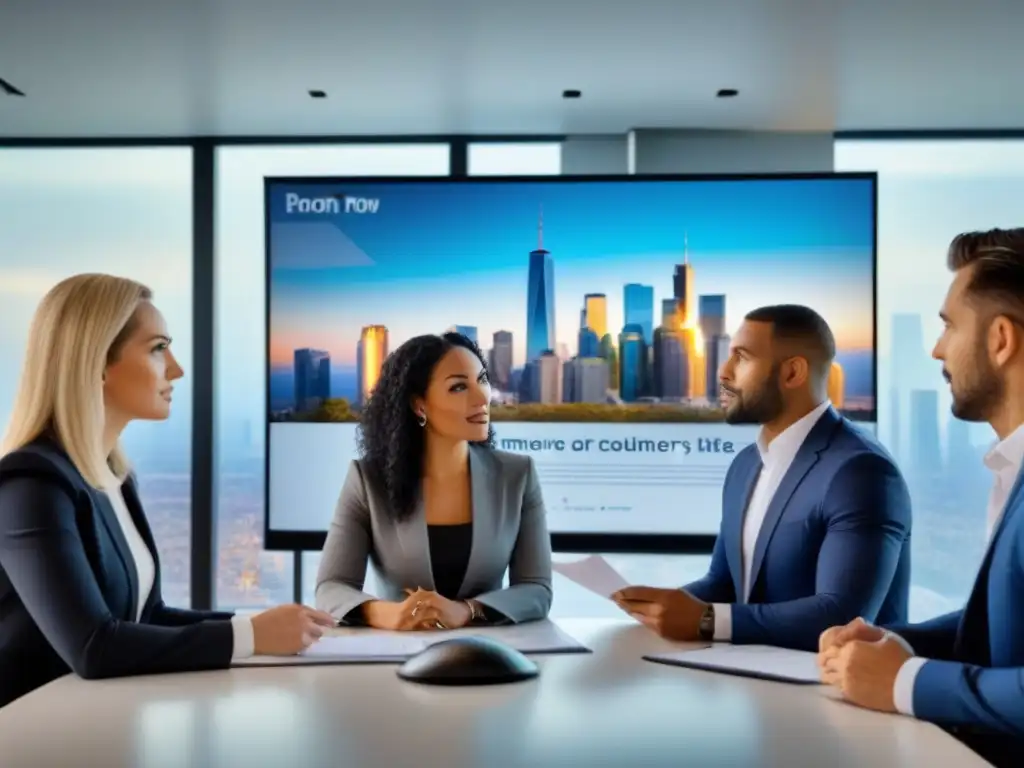 Diversidad y profesionalismo en discusión de préstamos hipotecarios Profesionales diversificados gestionan condiciones préstamo inmobiliario en moderna sala de juntas
