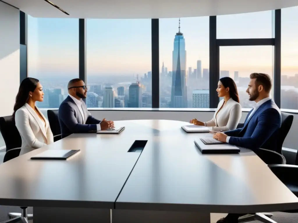 Sala de juntas moderna y dinámica con vista a la ciudad Profesionales diversificados evitan conflictos financieros en lujosa sala de reuniones con vista a la ciudad