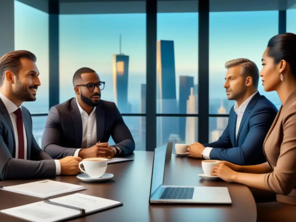 Profesionales debatiendo financiamiento de propiedad en moderna oficina Profesionales diversificados discuten consejos financiamiento segunda propiedad inmobiliaria en moderna oficina con vista a la ciudad
