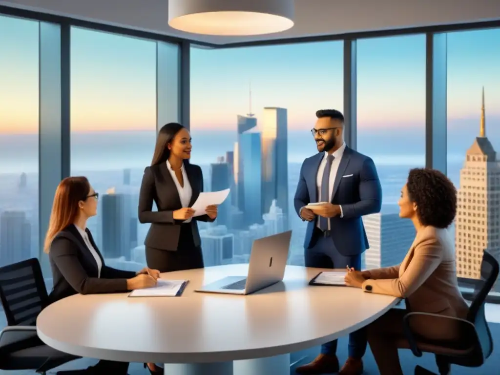 Profesionales diversificados discuten consejos para primer préstamo hipotecario en oficina moderna