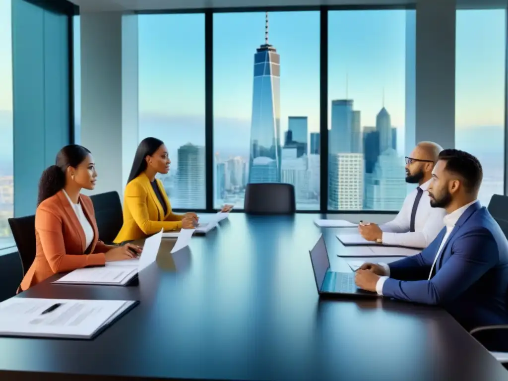 Profesionales de la Ley en Oficina Moderna Profesionales diversificados discuten contratos en una moderna sala de juntas