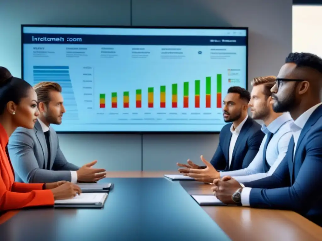 Reunión de profesionales diversificados debatiendo estrategias de inversión inmobiliaria Profesionales diversificados discuten invertir inteligentemente en crowdfunding inmobiliario en una oficina contemporánea