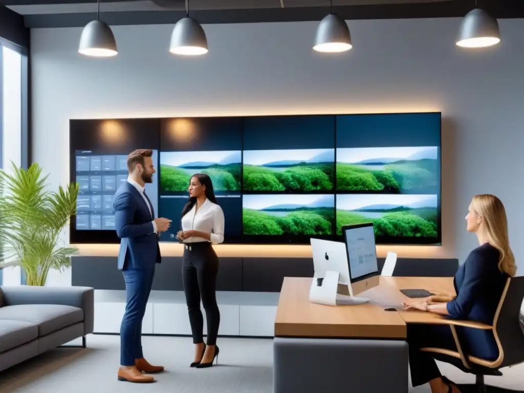 Profesionales diversificados analizan datos de marketing inmobiliario en oficina moderna