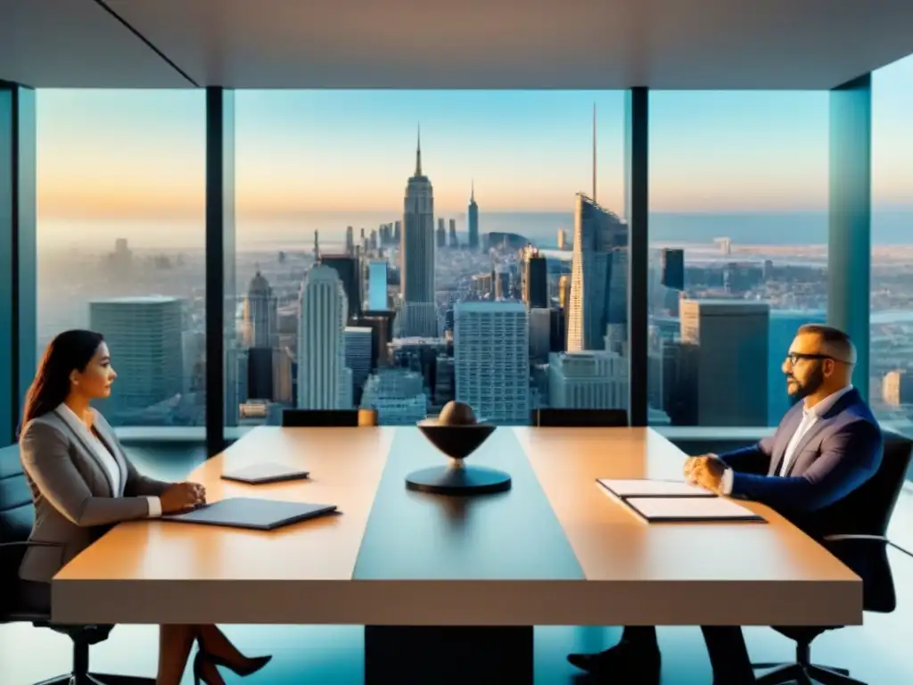 Profesionales diversificados valoran inmuebles en oficina moderna Profesionales diversificados dialogan sobre discrepancias en tasaciones inmobiliarias, con gráficos y maquetas
