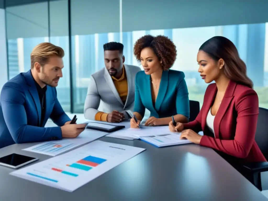 Equipo profesional en oficina luminosa: eficiencia y colaboración Profesionales diversificados discuten documentos financieros en una oficina luminosa y moderna