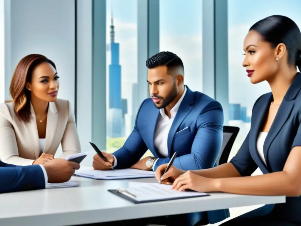 Profesionales diversos en reunión de hipotecas en oficina luminosa Profesionales diversificados discuten documentos hipotecarios en oficina luminosa y moderna