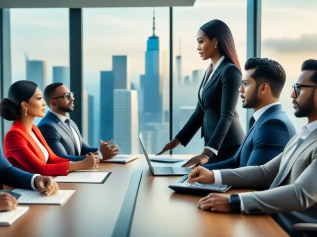 Profesionales diversificados en reunión financiera de lujo Profesionales diversificados discuten documentos inmobiliarios y gráficas financieras en moderna oficina, mostrando colaboración y experiencia en la obtención préstamos inmobiliarios