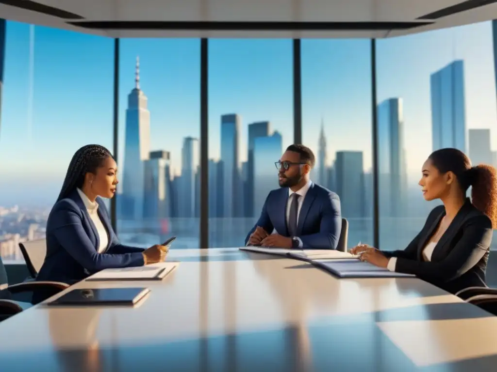 Profesionales diversos analizan documentos en oficina moderna Profesionales diversificados discuten documentos en oficina elegante con vista a la ciudad