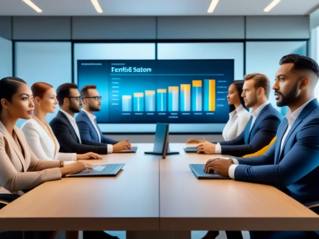 Reunión profesional sobre protección de datos en inversión inmobiliaria Profesionales diversificados discuten sobre errores protección datos en inversiones inmobiliarias en moderna oficina