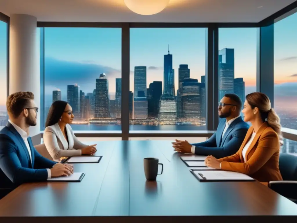 Reunión diversa de profesionales en crowdfunding inmobiliario Profesionales diversificados discuten errores inversores crowdfunding inmobiliario en sala contemporánea con vista urbana
