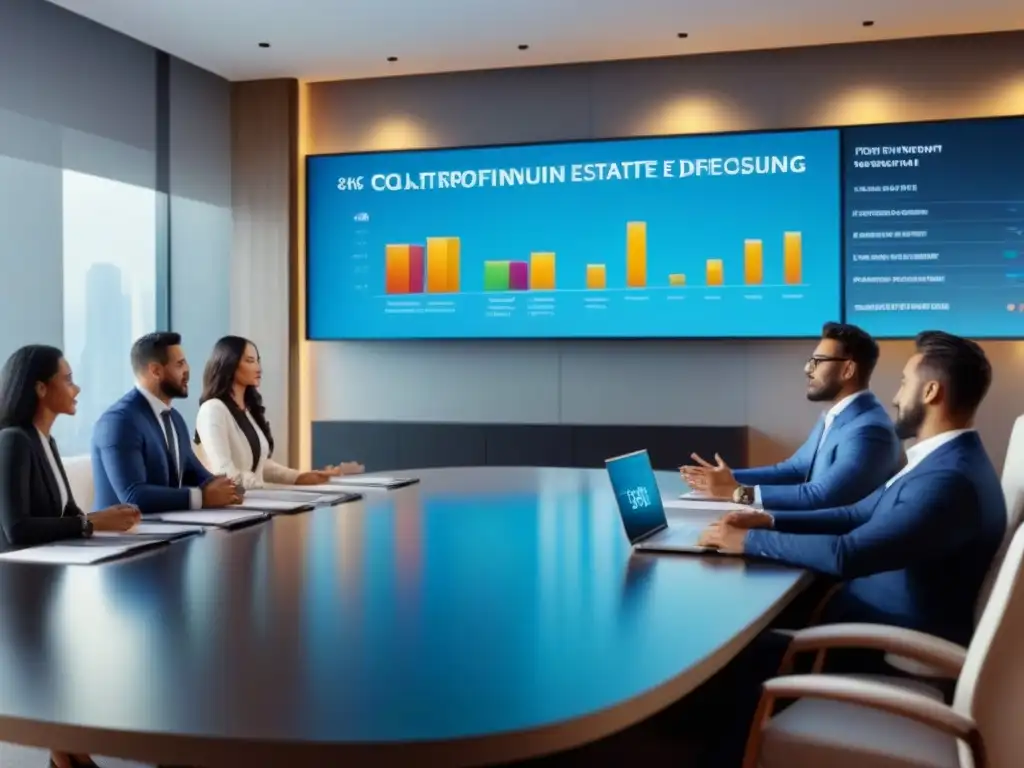 Reunión de inversores inmobiliarios: diversidad y tecnología Profesionales diversificados discuten errores inversores crowdfunding inmobiliario en elegante sala de juntas