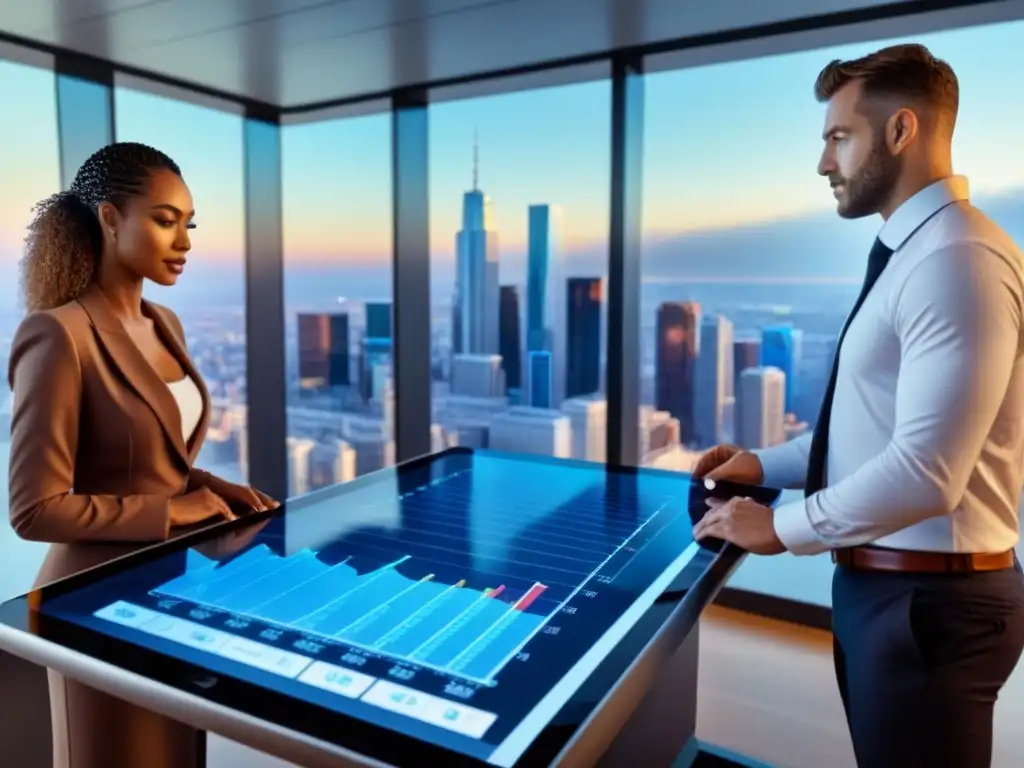 Profesionales colaborando en finanzas inmobiliarias Profesionales diversificados colaboran en un espacio oficina futurista con gráficos inmobiliarios en tablet