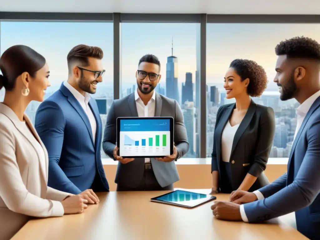 Equipo diverso en estrategia de marketing inmobiliario en redes sociales Profesionales diversificados planifican estrategia de redes sociales para afiliados inmobiliarios