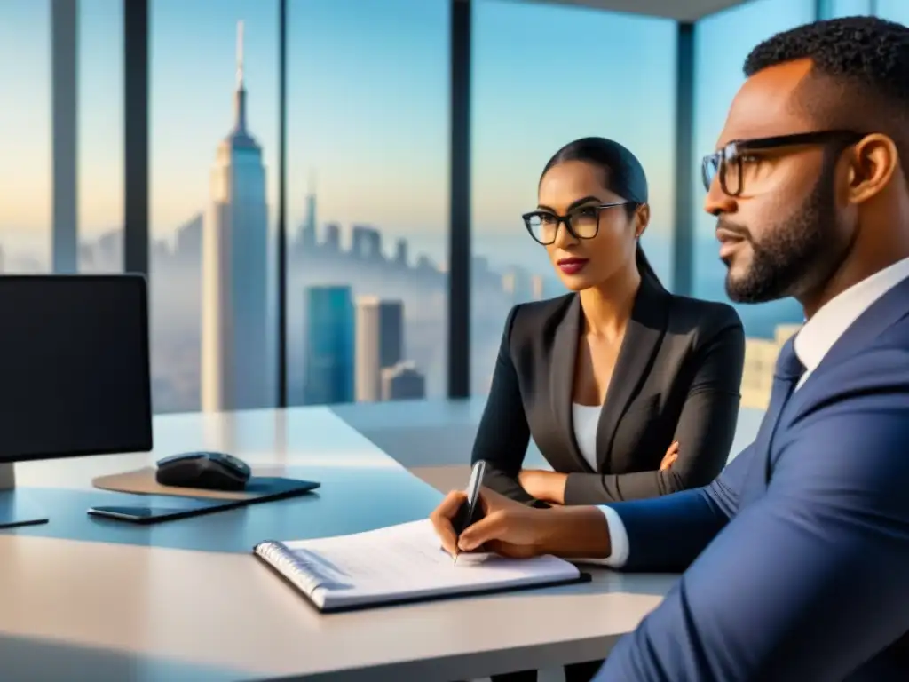 Profesionales colaborando en estrategias de financiamiento inmobiliario Profesionales diversificados discutiendo estrategias de financiamiento inmobiliario en una oficina moderna