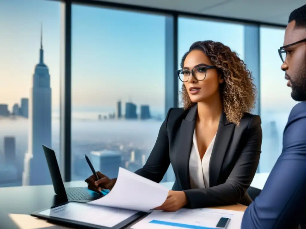 Equipo diverso planifica estrategias inmobiliarias en oficina moderna Profesionales diversificados discuten estrategias de financiamiento inmobiliario en una oficina moderna
