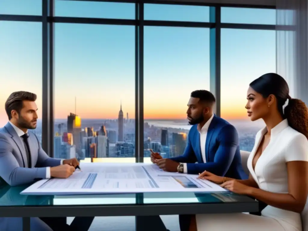 Inversión inmobiliaria: reunión de profesionales diversificados Profesionales diversificados discuten estrategias de financiamiento alternativo para Flipping en una sala moderna con vista a la ciudad al atardecer