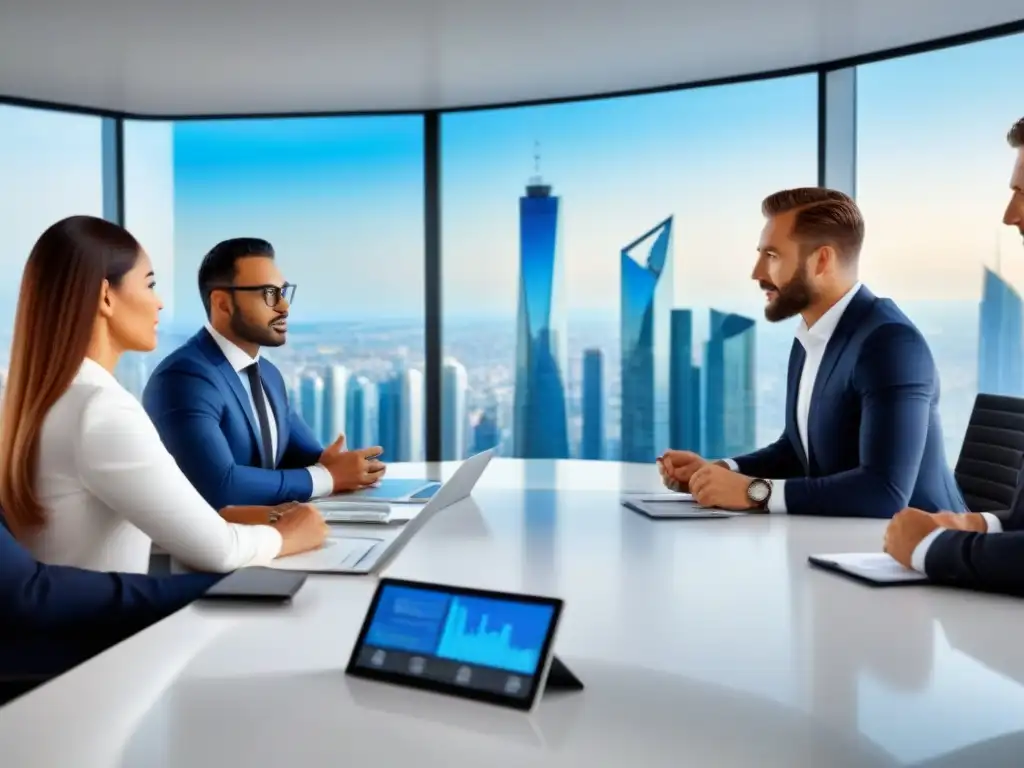 Profesionales debaten estrategias de financiamiento inmobiliario en sala de juntas moderna con vista panorámica Profesionales diversificados discuten estrategias de financiamiento inmobiliario en Europa