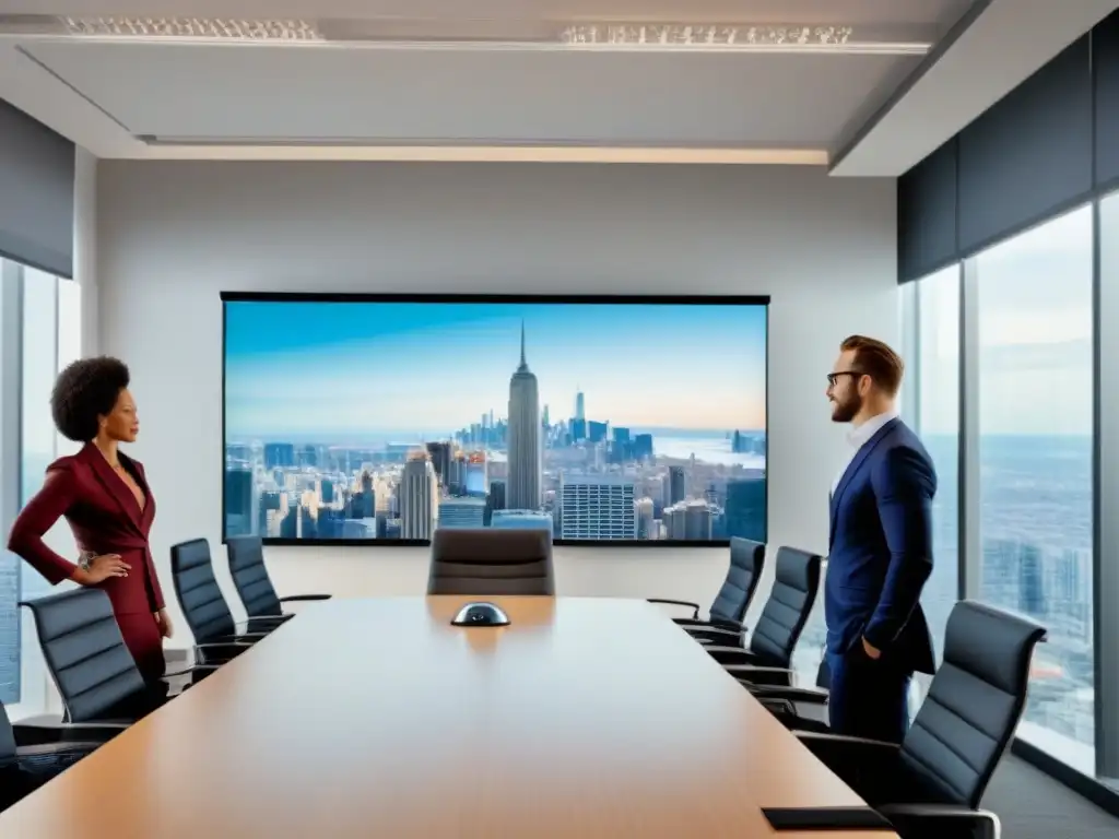 Oficina moderna para planificación financiera con diversidad y dinamismo Profesionales diversificados discuten estrategias financieras en una oficina moderna con vista a la ciudad