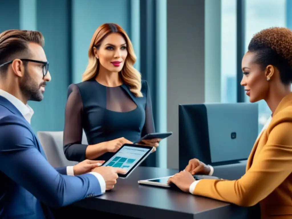 Profesionales expertos analizan estrategias financieras en oficina moderna Profesionales diversificados discuten estrategias financieras y analizan tendencias del mercado inmobiliario en una oficina moderna