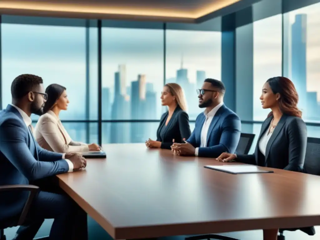 Reunión de negocios moderna con profesionales diversos Profesionales diversificados discuten estrategias financieras en junta de negocios