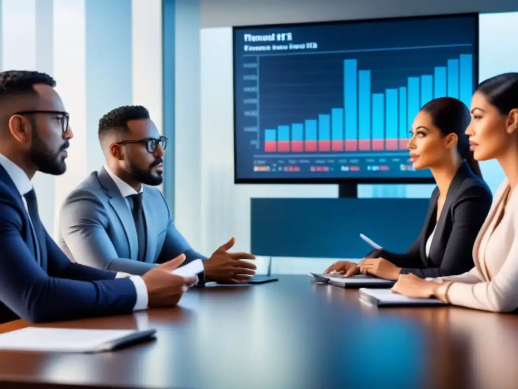 Profesionales diversificados discuten estrategias financieras en una sala de juntas moderna y luminosa