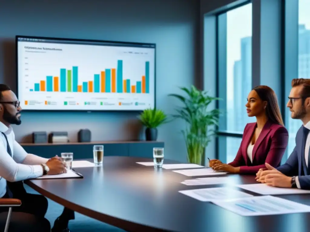 Profesionales debatiendo estrategias financieras en moderna ilustración Profesionales diversificados discutiendo estrategias financieras en una sala moderna llena de luz natural y plantas