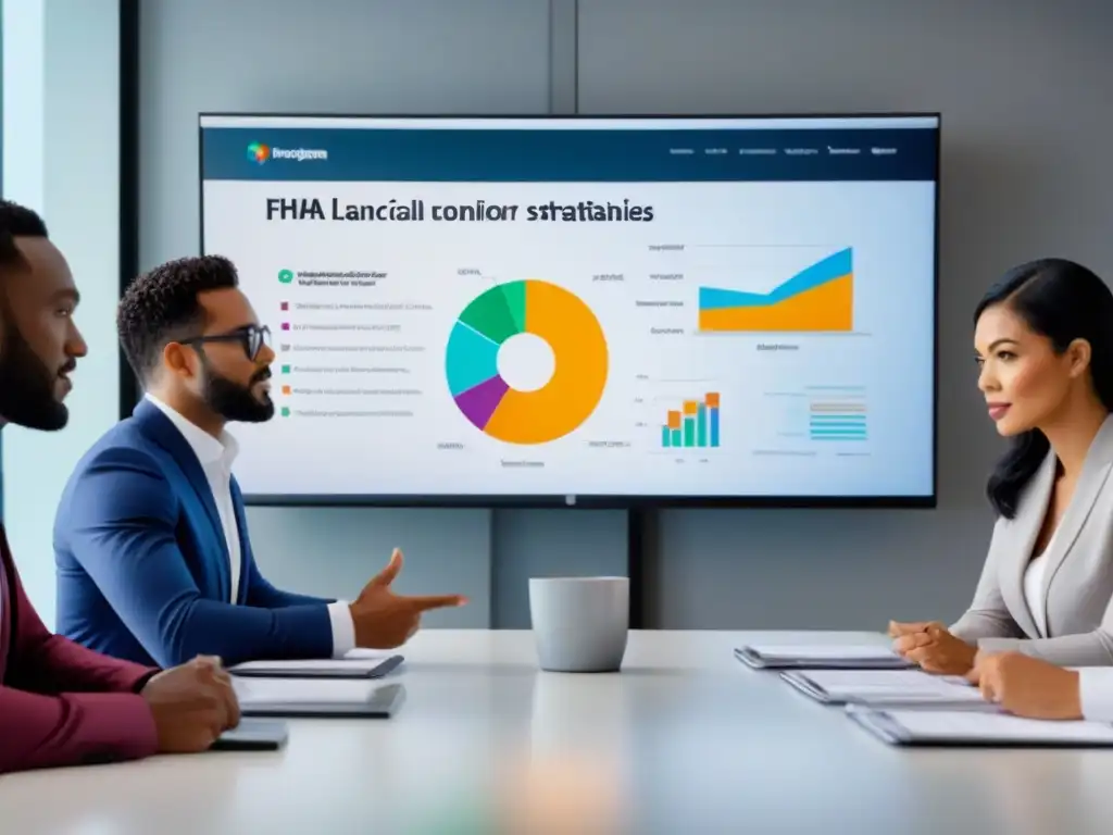 Profesionales colaborando en estrategias financieras innovadoras Profesionales diversificados discuten estrategias financieras en una oficina moderna y luminosa