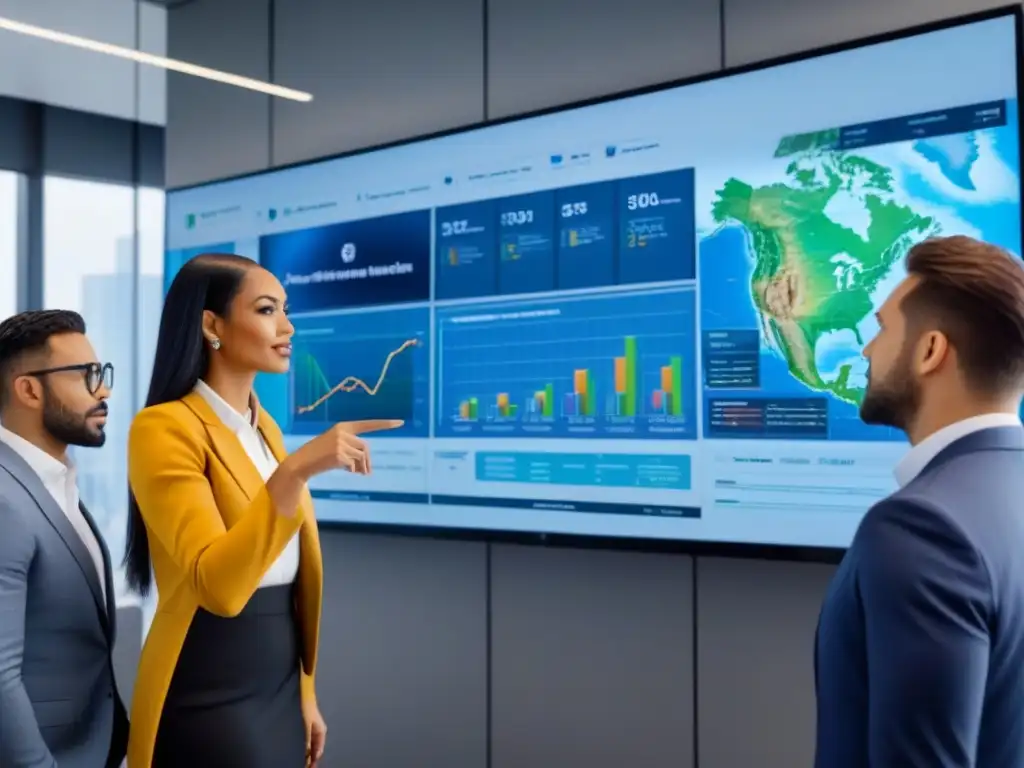 Profesionales diversificados debatiendo estrategias de tokenización inmobiliaria en oficina moderna Profesionales diversificados discuten estrategias de tokenización inmobiliaria en oficina moderna
