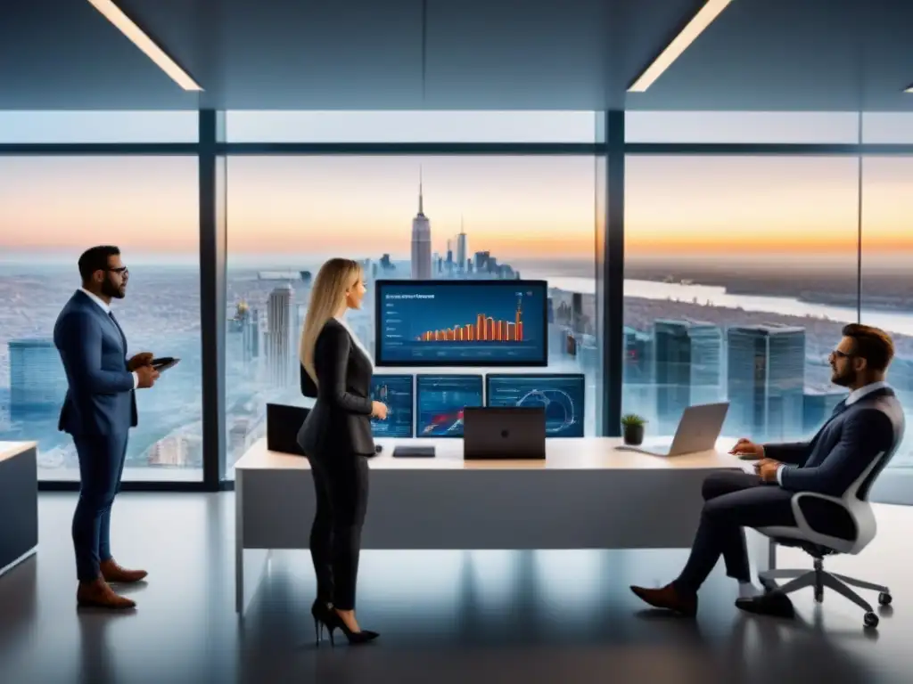 Profesionales diversificados debaten estrategias inmobiliarias en oficina futurista europea Profesionales diversificados discuten estrategias inmobiliarias en Europa en moderna oficina
