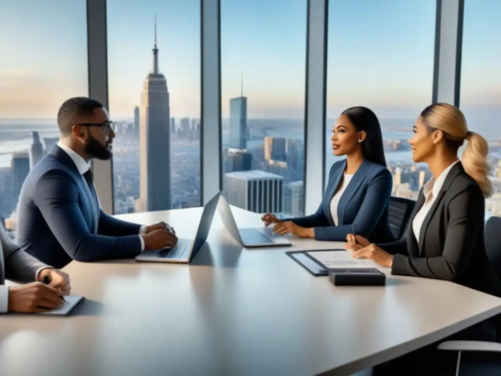 Profesionales diversificados discuten estrategias inmobiliarias postcrisis efectivas en una oficina moderna