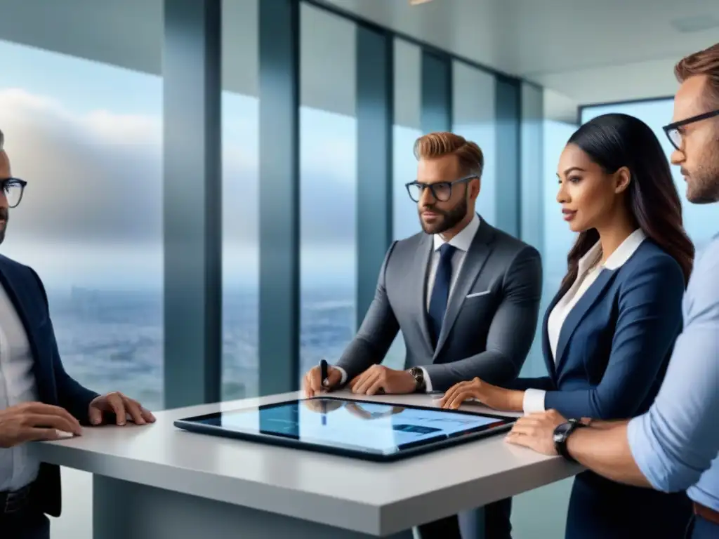 Profesionales innovadores debatiendo estrategias inmobiliarias en oficina futurista Profesionales diversificados discuten estrategias de inversión inmobiliaria en moderna oficina
